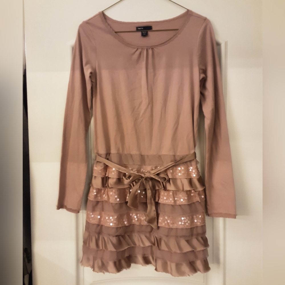 GAP KIDS DUSTY PINK DRESS WITH SEQUIN, SATIN AND CHIFFON DETAILING & SATIN BELT